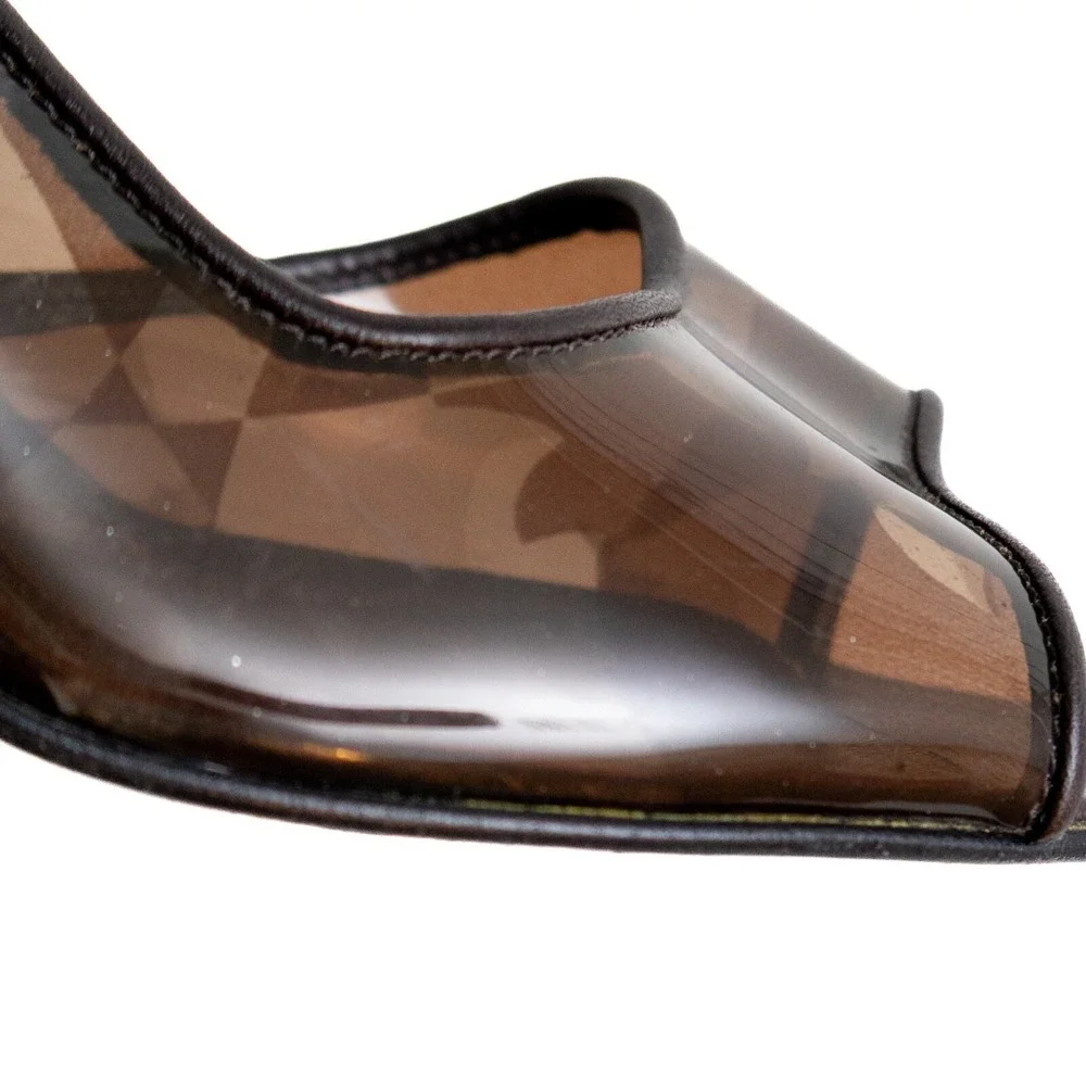 Gianni Versace Brown‎ Leather & PVC Peep-Toe Heels with Gold Medusa Logo Sz EU36